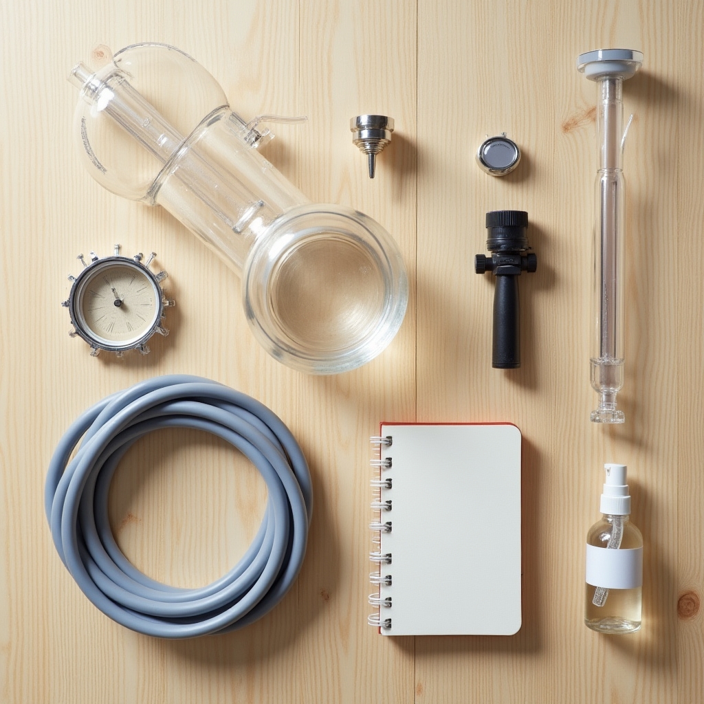 Home brew starter kit equipment arranged on a table